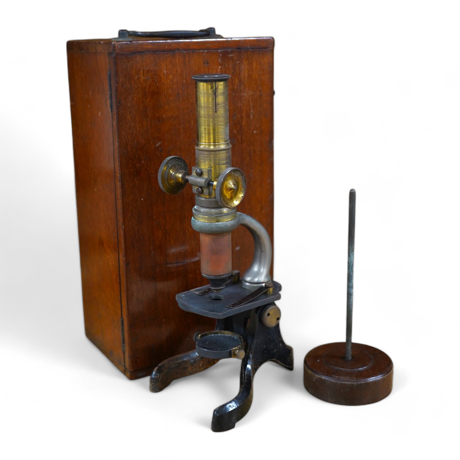 A small mahogany cased microscope, microscope 24cm high. Condition - case good microscope well used